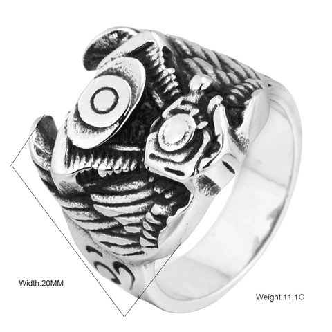 Anello da Uomo Vintage in Acciaio Inossidabile Punk Biker Motore V-Twin Ali Testa di Gufo Design Finitura Retro Ossidata Gioielli