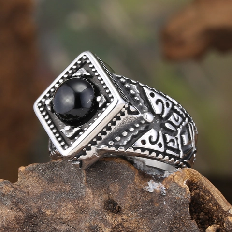Anello a Sigillo da Uomo in Acciaio Inossidabile Vintage Con Pietra Preziosa Artificiale Nera Anello Quadrato Geometrico Gioielli Retro Gotico Punk