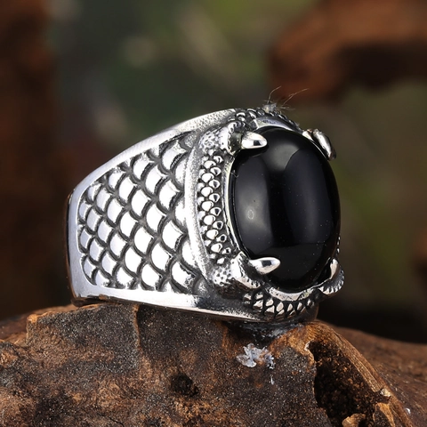 Anello da Uomo Vintage ad Artiglio di Drago in Acciaio Inossidabile con Agata Nera Punk Gothic Hip Hop Gioielli