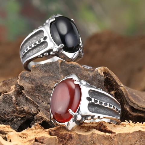 Anillo de Acero Inoxidable Vintage Punk para Hombre Piedra de Ágata Ovalada Grande Banda Industrial Gótica Joyería Regalo
