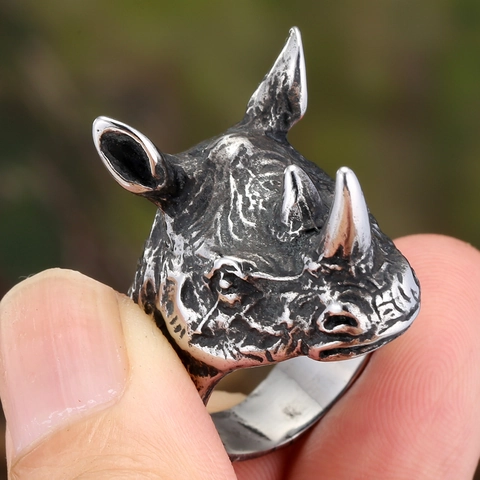 Vintage Rhino Head Ring For Men Stainless Steel Punk Gothic Animal Finger Jewelry Retro Silver Color Biker Finger Accessories