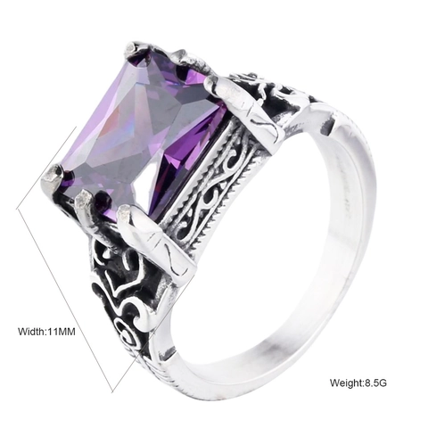 Vintage Gothic Stainless Steel Ring For Men Large Rectangular Rhinestone Hollow Engraved Pattern Band Ring Punk Jewelry