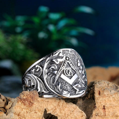 Anillo de Sello Masónico Vintage de Acero Inoxidable con Símbolo G en Relieve Retro para Hombre Joyería Clásica