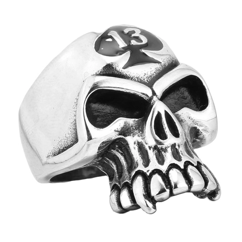 Anillo de Calavera Gótica Vintage para Hombre de Acero Inoxidable Punk Rock As de Picas Número 13 Biker Anillo Plata Joyería