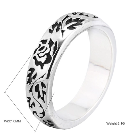 Vintage Stainless Steel Rose Flower Band Ring For Men Women Antique Silver Color Gothic Relief Floral Finger Ring Jewelry