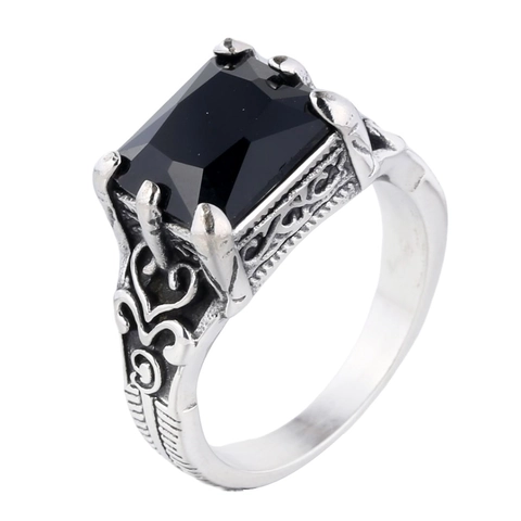 Vintage Gothic Stainless Steel Ring For Men Large Rectangular Rhinestone Hollow Engraved Pattern Band Ring Punk Jewelry