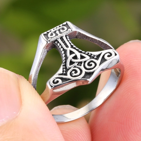 Vintage Viking Thor's Hammer Mjölnir Ring For Men Stainless Steel Celtic Knot Nordic Mythology Punk Biker Jewelry Gift