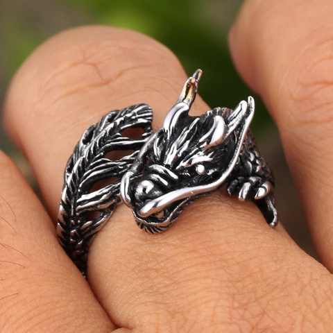 Retro Chinese Dragon Head Ring For Men Stainless Steel Punk Rock Jewelry Personalized Vintage Polished Gothic Finger Band Gift