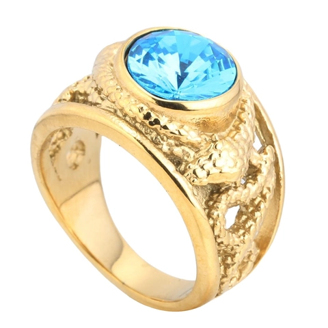 Anello Vintage Punk in Acciaio al Titanio con Pietra Preziosa Blu da Uomo Placcato Oro Trama Squame di Serpente Gioielli