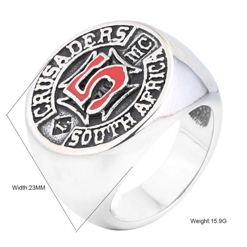 Herren Vintage Edelstahl Ring Crusaders MC South Africa Schild Siegelring Mit Roter Nummer Fünf Emaille Biker Schmuck