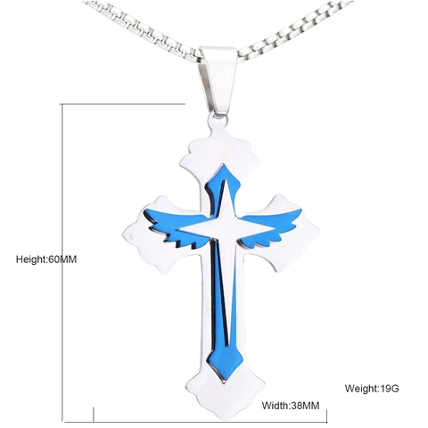 Collier Pendentif Croix Aile en Acier Inoxydable pour Hommes Femmes Gothique Punk Triple Couche Bijoux de Pendentif Croix Religieuse
