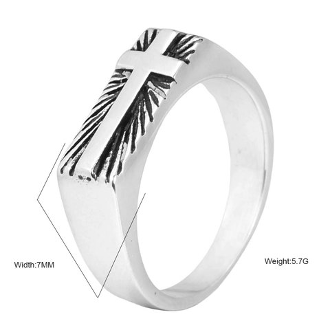 Vintage Stainless Steel Cross Signet Ring For Men Relief Religious Gothic Radiating Lines Polished Finger Ring Jewelry Gift