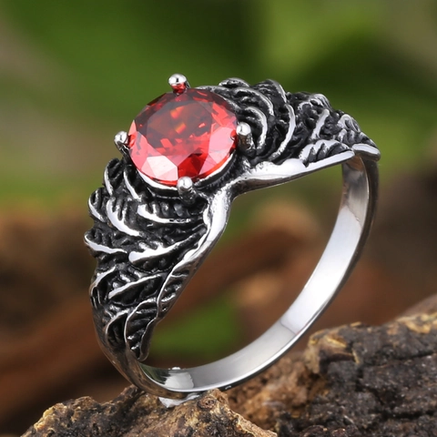 Retro Stainless Steel Wing Pattern Ring For Men Gothic Antique Silver Finish Round Red White Rhinestone Inlaid Band Ring