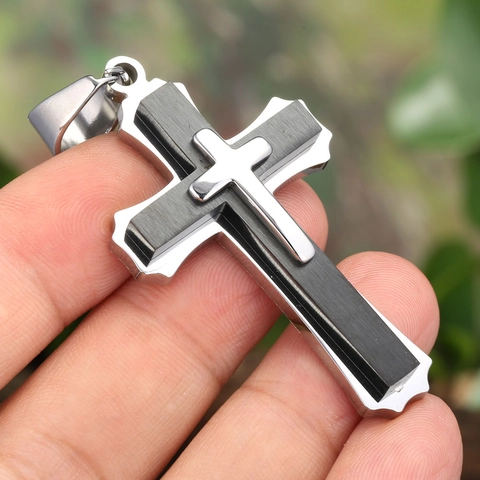 Fashion Stainless Steel Three Layer Cross Pendant Necklace For Men Retro Gold Black Contrast Color Jewelry Cross Pendant