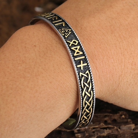 Bracciale Rigido Aperto in Acciaio Inossidabile Vichingo per Uomo Donna Motivo Rune Valknut Nodo Celtico Gioielli Punk Vintage Bracciale Antico