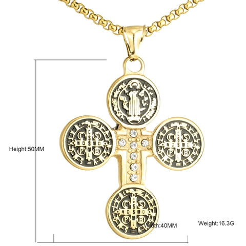 Collar de Colgante de Cruz de San Benito de Acero Inoxidable Vintage Con Diamantes de Imitación Incrustados Joyería Religiosa Católica