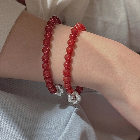 925 Sterlingsilber Roter Achat Blume Anhänger Armband Für Damen Vintage Retro Stil Perlen Doppelreihiger Schmuck Elegante Mode Schmuck
