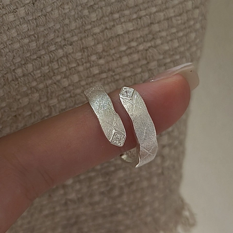 S925 Sterling Silver Quilted Crisscross Texture Open Ring For Women Vintage Minimalist Rhinestone Adjustable Finger Jewelry