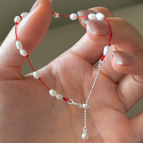 925 Sterling Silver Red Cord Bracelet Minimalist Artificial Pearl Heart Pendant Rhinestone Adjustable Fashion Women Jewelry