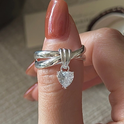 S925 Sterling Silver Heart Zirconia Pendant Adjustable Open Ring For Women Retro Simple Multi-layer Design Fashion Finger Jewelry