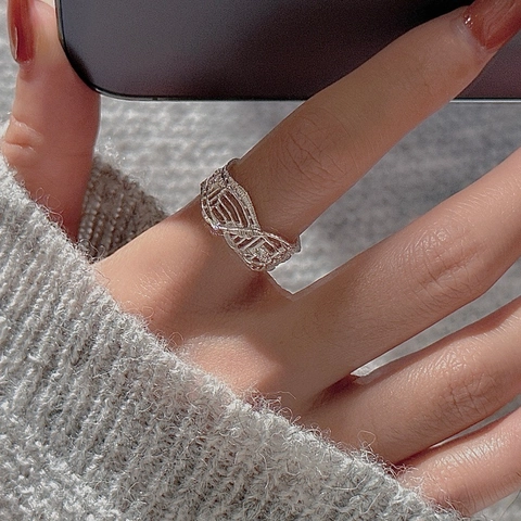 Vintage 925 Sterling Silber Netz Hohl Offener Ring Minimalistisch Geometrisch Verstellbar Fingerring Für Damen Schmuck