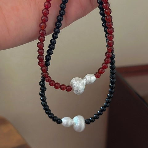 Gourd Pendant Necklace 925 Sterling Silver With Red Agate Black Obsidian Beads Chinese Style Minimalist Jewelry For Women