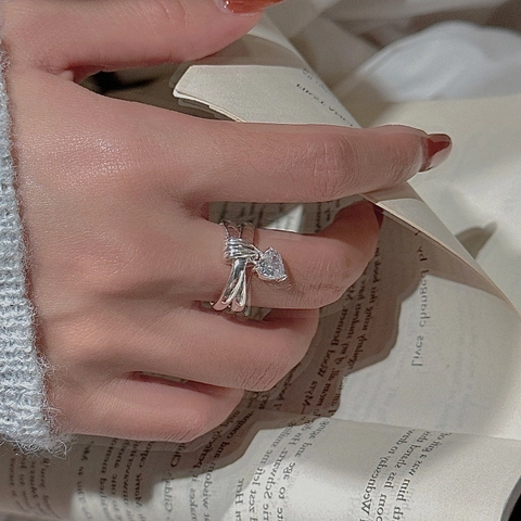 S925 Sterling Silver Heart Zirconia Pendant Adjustable Open Ring For Women Retro Simple Multi-layer Design Fashion Finger Jewelry