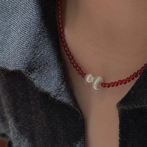 Gourd Pendant Necklace 925 Sterling Silver With Red Agate Black Obsidian Beads Chinese Style Minimalist Jewelry For Women