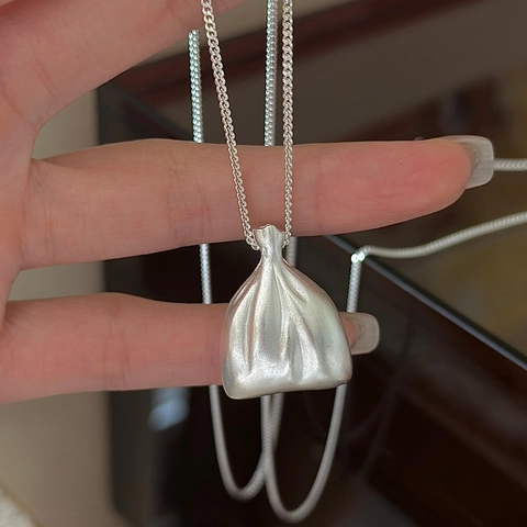 925 Sterling Silver Lucky Bag Pendant Necklace Minimalist Heart Pattern Matte Long Sweater Chain Korean Style Niche Jewelry For Women