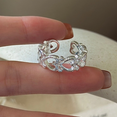 Vintage 925 Sterling Silver Hollow Heart Open Ring For Women Simple Geometric Texture Adjustable Finger Ring Jewelry Gift