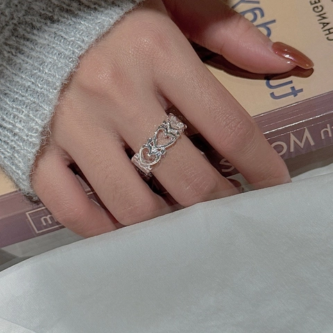 Vintage 925 Sterling Silver Hollow Heart Open Ring For Women Simple Geometric Texture Adjustable Finger Ring Jewelry Gift