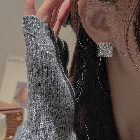 Vintage S925 Sterling Silver Square Stud Earrings For Women Geometric Quilted Diamond Cut Textured Hypoallergenic Fine Jewelry