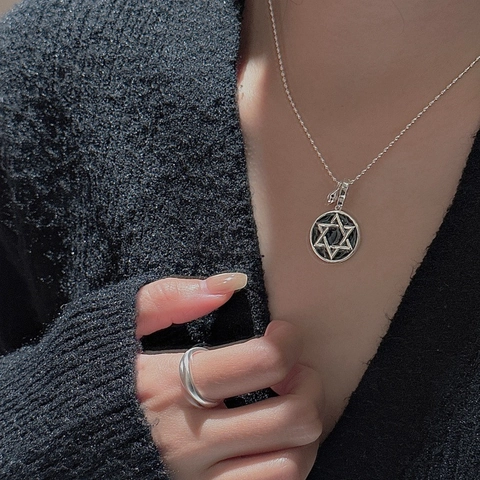 Collana con Ciondolo a Esagramma in Argento Sterling S925 Smalto Nero Vintage Stella di David Collana a Medaglia per Uomo Donna