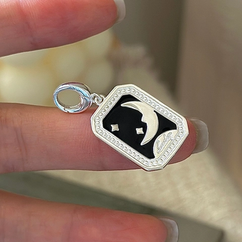 S925 Sterling Silver Moon Star Rectangle Pendant Necklace Vintage Black Enamel Lucky Jewelry For Women Without Chain