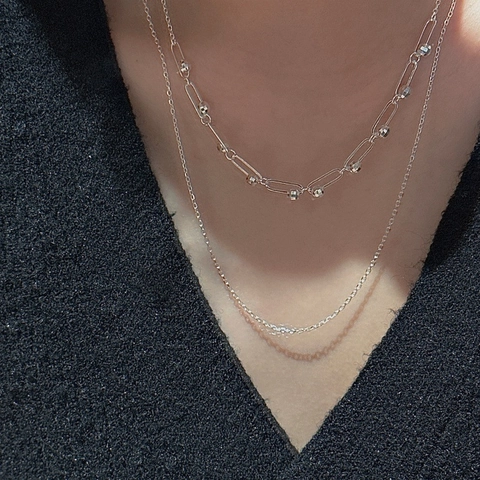 925 Sterling Silver Double Layer Necklace For Women Minimalist Paperclip Chain Faceted Bead Pendant Necklaces Fashion Jewelry