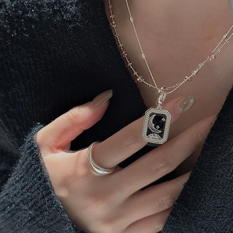 S925 Sterling Silver Moon Star Rectangle Pendant Necklace Vintage Black Enamel Lucky Jewelry For Women Without Chain