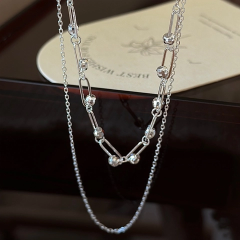 925 Sterling Silver Double Layer Necklace For Women Minimalist Paperclip Chain Faceted Bead Pendant Necklaces Fashion Jewelry