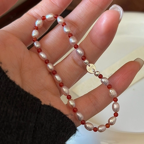 925 Sterling Silver Freshwater Pearl Red Agate Beaded Bracelet For Women Korean Style Elegant Vintage Heart Clasp Jewelry