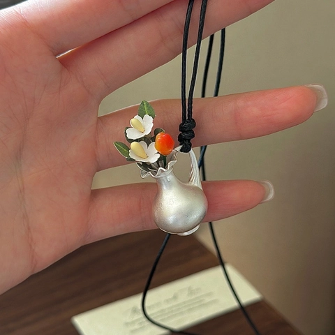 S925 Sterling Silver Vintage Vase Pendant Necklace Minimalist Korean Style Matte Silver Sweater Chain Jewelry For Women