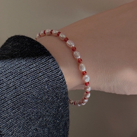 925 Sterling Silver Freshwater Pearl Red Agate Beaded Bracelet For Women Korean Style Elegant Vintage Heart Clasp Jewelry