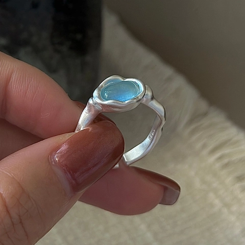 Vintage S925 Sterling Silver Irregular Matte Ring For Women Minimalist Light Blue Aquamarine Adjustable Opening Finger Ring Jewelry