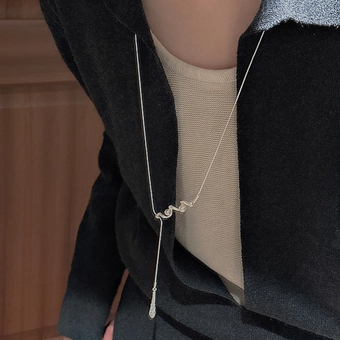 925 Sterling Silver Wave Long Necklace With Artificial Pearl Vintage Minimalist Sweater Chain For Women Fashion Jewelry