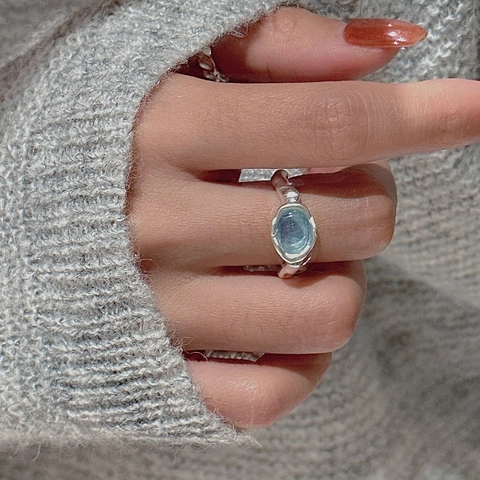 Vintage S925 Sterling Silver Irregular Matte Ring For Women Minimalist Light Blue Aquamarine Adjustable Opening Finger Ring Jewelry
