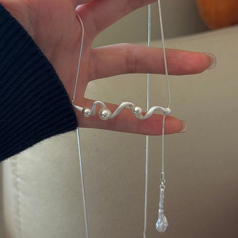 925 Sterling Silver Wave Long Necklace With Artificial Pearl Vintage Minimalist Sweater Chain For Women Fashion Jewelry
