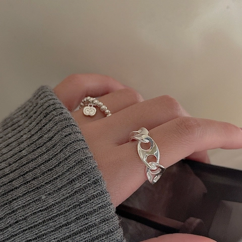 925 Sterling Silver Hollow Chain Link Open Ring For Women Elegant Electroplated Vintage Pig Nose Adjustable Jewelry Ring