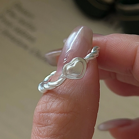 Vintage 925 Sterling Silver Heart Ring For Women Korean Style Minimalist Twisted Band Open Adjustable Finger Ring Jewelry