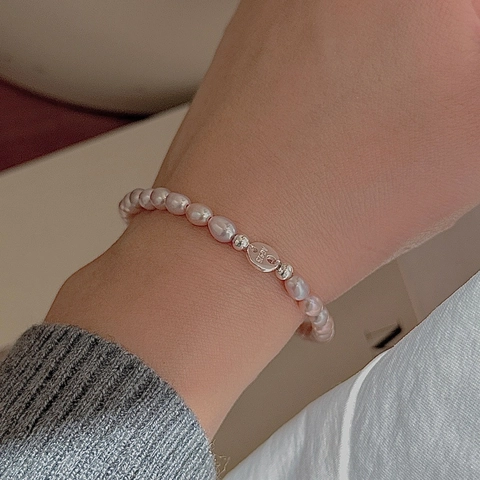 S925 Sterling Silver Lavender Freshwater Pearl Bracelet For Women Minimalist Elastic Rope Rice Shape Beads Jewelry Gift