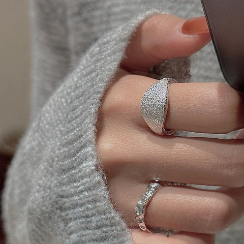 S925 Sterling Silver Vintage Hammered Texture Open Adjustable Ring For Women Korean Style Minimalist Jewelry Signet Ring