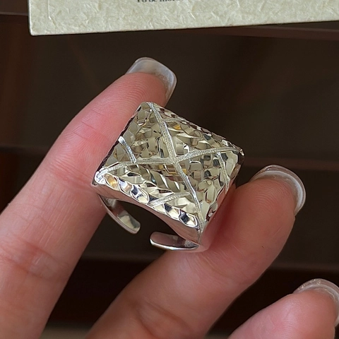 925 Sterling Silver Geometric Faceted Square Ring Niche Design Open Adjustable Vintage Heavy Industry Individual Finger Ring Jewelry