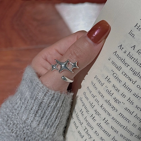 Vintage 925 Sterling Silver Star Open Ring For Women Minimalist Geometric Adjustable Finger Ring Korean Style Jewelry